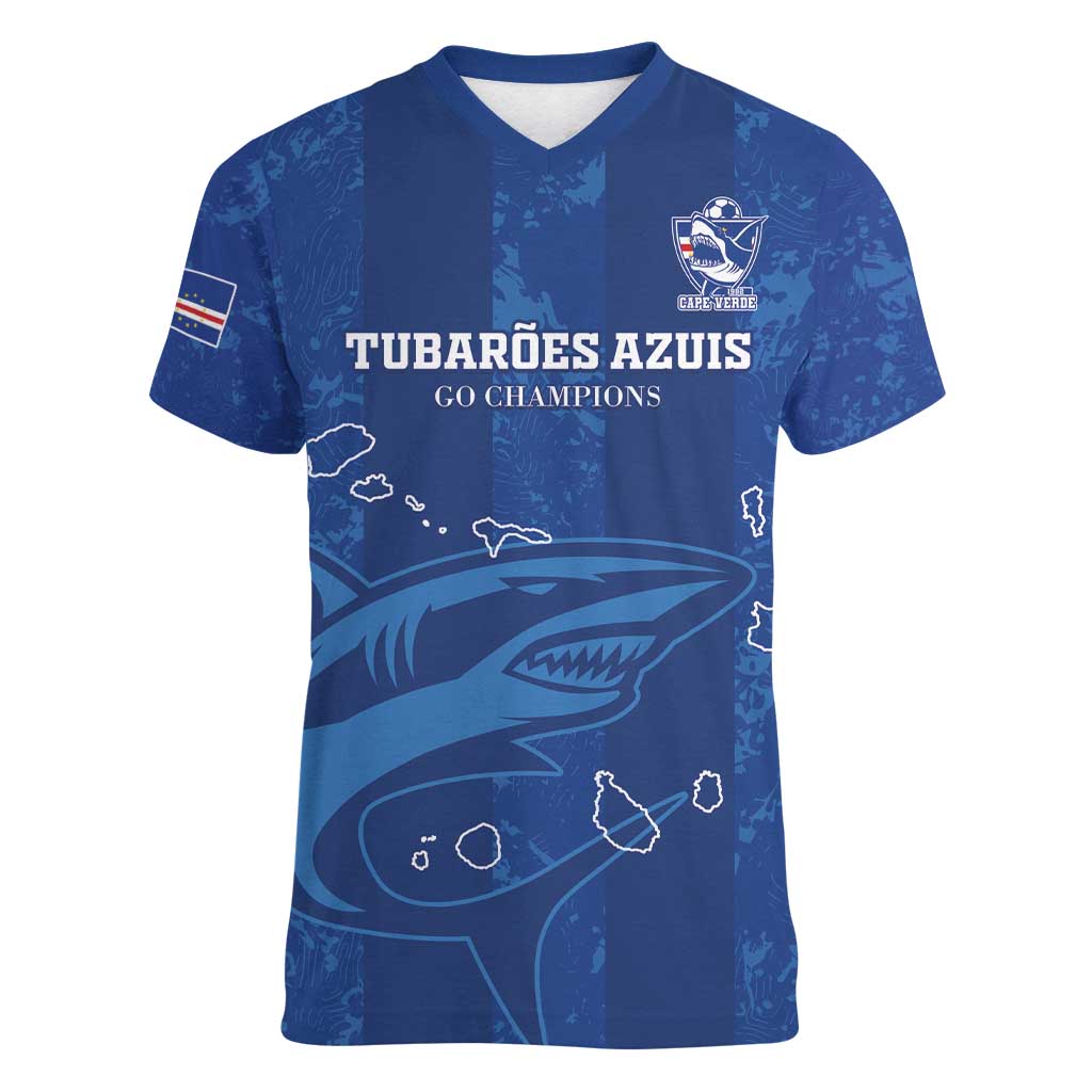 Custom Cape Verde Football Women V-Neck T-Shirt Go Champions Tubaroes Azuis - Wonder Print Shop