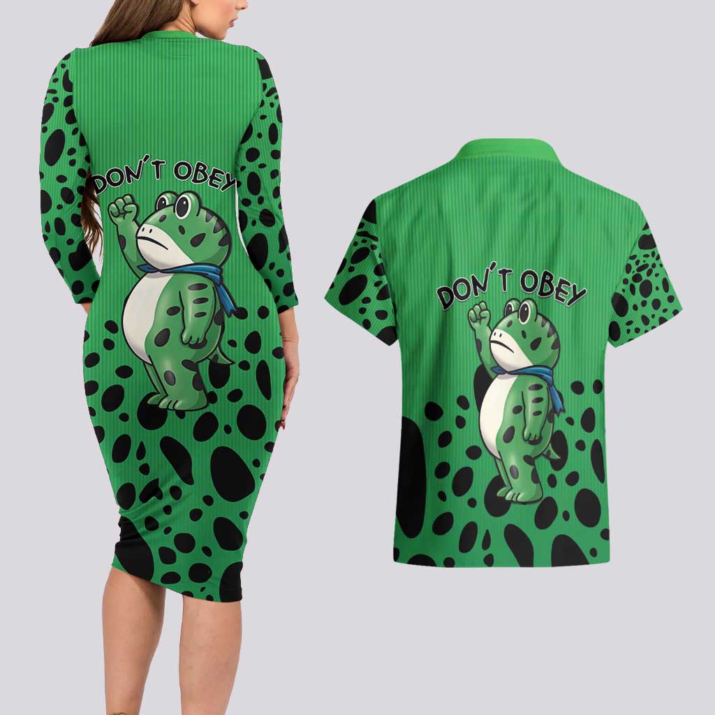 Don't Obey Portland Frog Protest Couples Matching Long Sleeve Bodycon Dress and Hawaiian Shirt Anti-Fascism - Wonder Print Shop