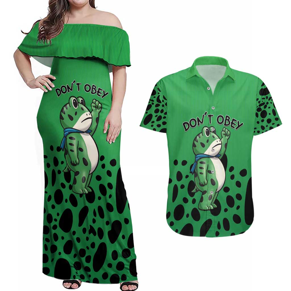 Don't Obey Portland Frog Protest Couples Matching Off Shoulder Maxi Dress and Hawaiian Shirt Anti-Fascism - Wonder Print Shop
