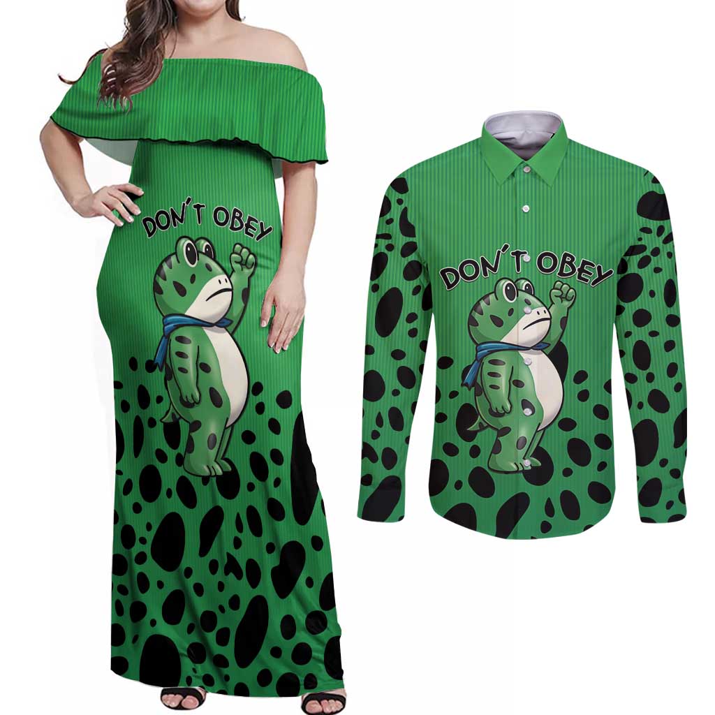 Don't Obey Portland Frog Protest Couples Matching Off Shoulder Maxi Dress and Long Sleeve Button Shirt Anti-Fascism - Wonder Print Shop