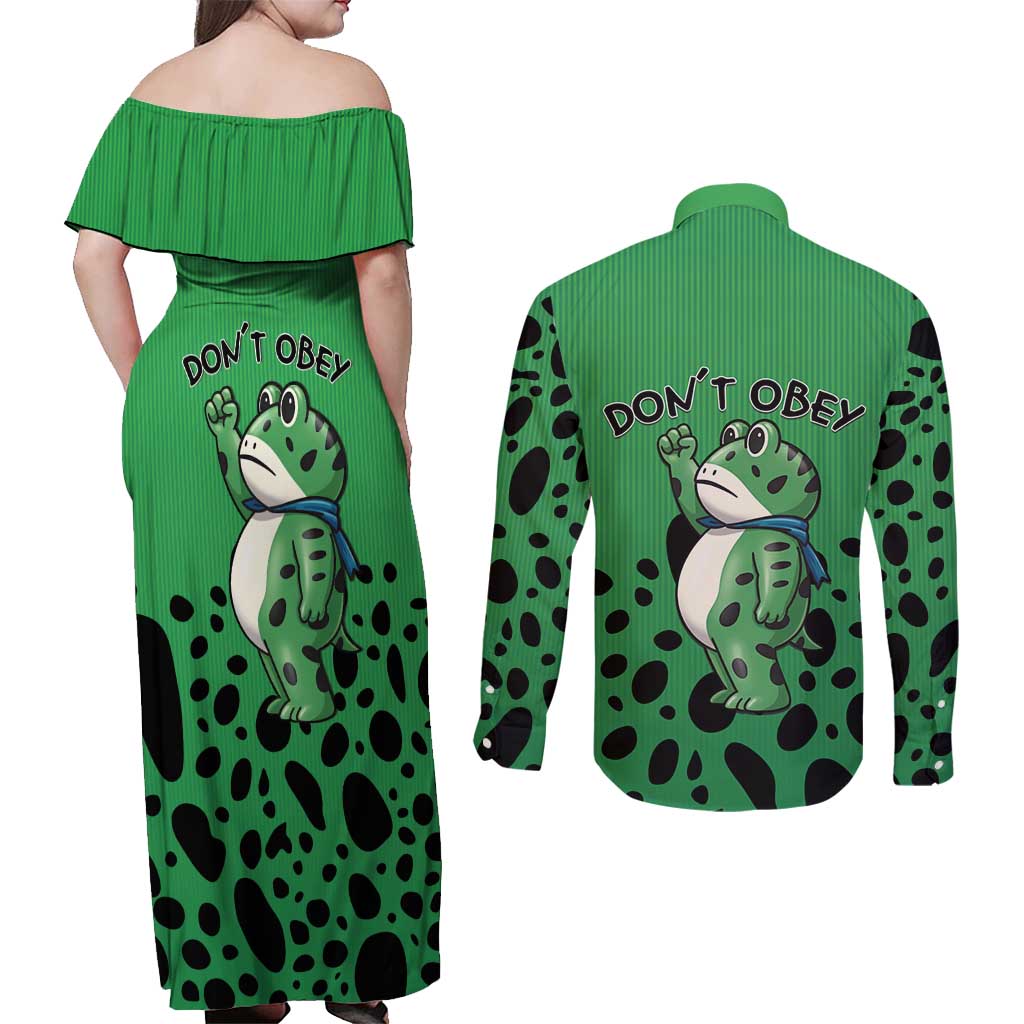 Don't Obey Portland Frog Protest Couples Matching Off Shoulder Maxi Dress and Long Sleeve Button Shirt Anti-Fascism - Wonder Print Shop