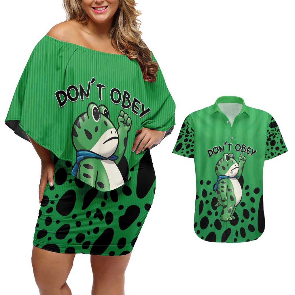 Don't Obey Portland Frog Protest Couples Matching Off Shoulder Short Dress and Hawaiian Shirt Anti-Fascism - Wonder Print Shop