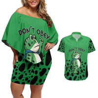Don't Obey Portland Frog Protest Couples Matching Off Shoulder Short Dress and Hawaiian Shirt Anti-Fascism - Wonder Print Shop