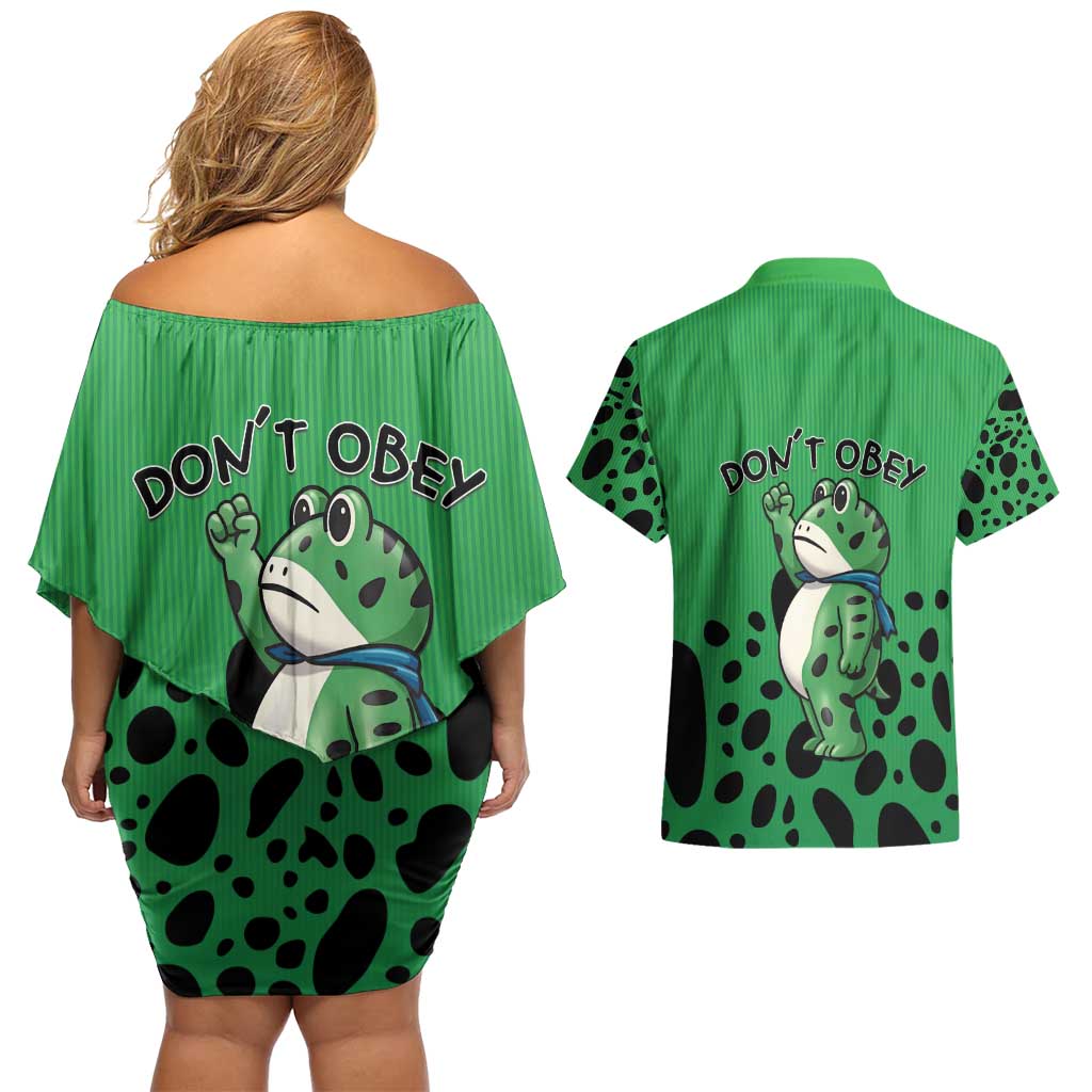 Don't Obey Portland Frog Protest Couples Matching Off Shoulder Short Dress and Hawaiian Shirt Anti-Fascism - Wonder Print Shop