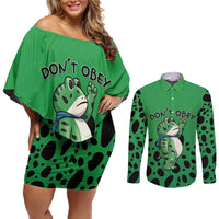 Don't Obey Portland Frog Protest Couples Matching Off Shoulder Short Dress and Long Sleeve Button Shirt Anti-Fascism - Wonder Print Shop