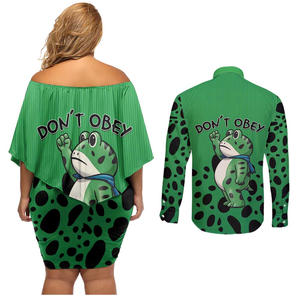 Don't Obey Portland Frog Protest Couples Matching Off Shoulder Short Dress and Long Sleeve Button Shirt Anti-Fascism - Wonder Print Shop