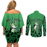 Don't Obey Portland Frog Protest Couples Matching Off Shoulder Short Dress and Long Sleeve Button Shirt Anti-Fascism - Wonder Print Shop
