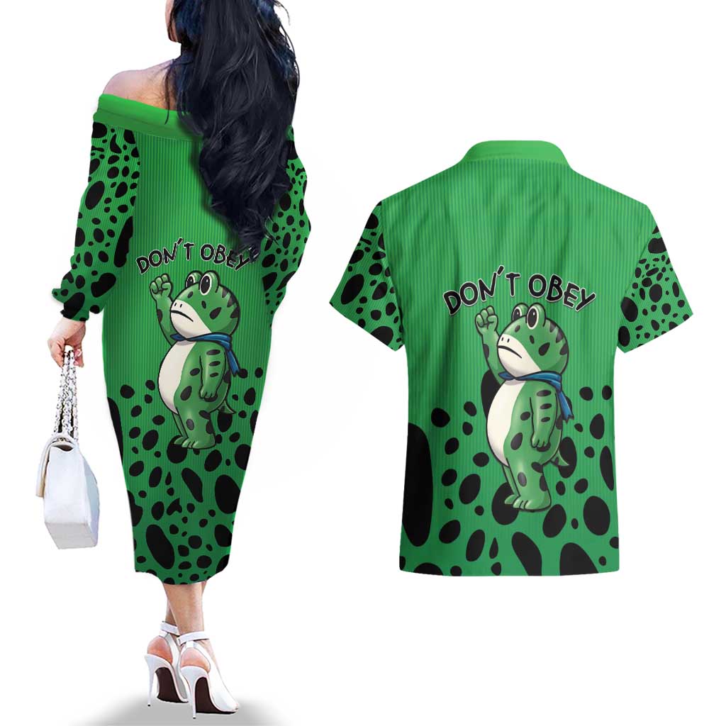 Don't Obey Portland Frog Protest Couples Matching Off The Shoulder Long Sleeve Dress and Hawaiian Shirt Anti-Fascism - Wonder Print Shop