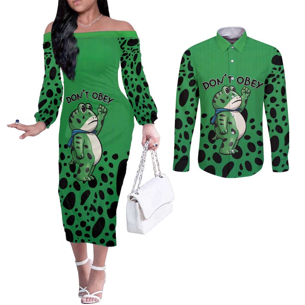 Don't Obey Portland Frog Protest Couples Matching Off The Shoulder Long Sleeve Dress and Long Sleeve Button Shirt Anti-Fascism - Wonder Print Shop