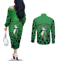 Don't Obey Portland Frog Protest Couples Matching Off The Shoulder Long Sleeve Dress and Long Sleeve Button Shirt Anti-Fascism - Wonder Print Shop