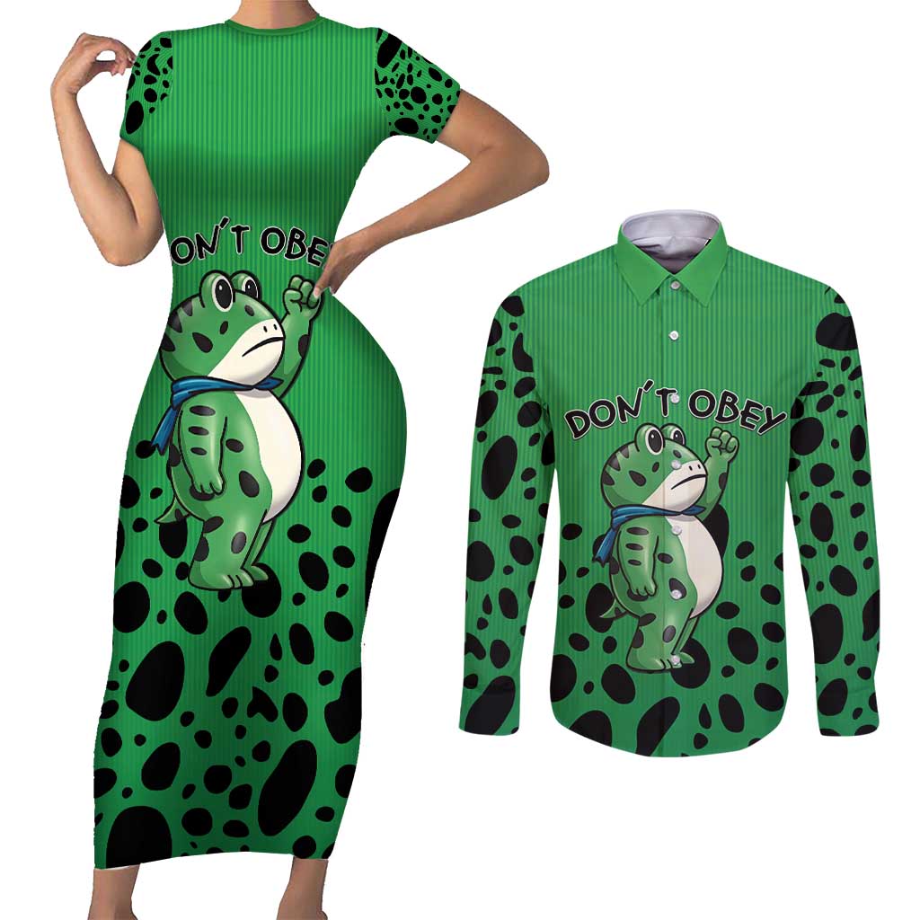 Don't Obey Portland Frog Protest Couples Matching Short Sleeve Bodycon Dress and Long Sleeve Button Shirt Anti-Fascism - Wonder Print Shop