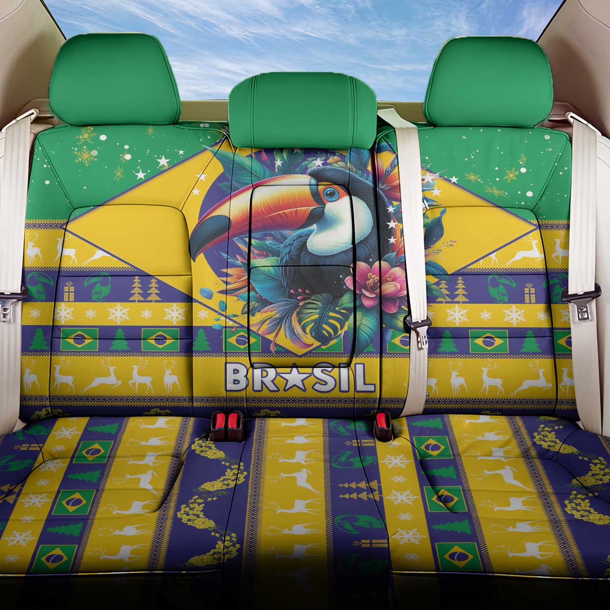 Brazil Christmas Back Car Seat Cover Toco Toucan Flag Style - Wonder Print Shop