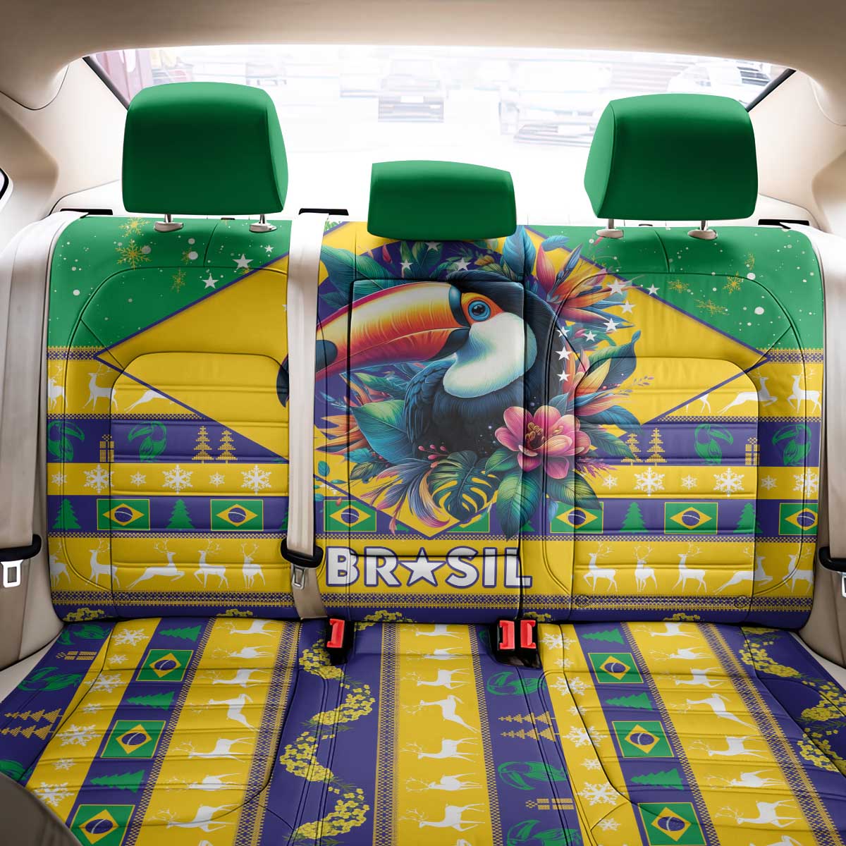 Brazil Christmas Back Car Seat Cover Toco Toucan Flag Style - Wonder Print Shop