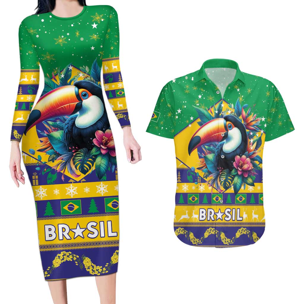 Brazil Christmas Couples Matching Long Sleeve Bodycon Dress and Hawaiian Shirt Toco Toucan Flag Style - Wonder Print Shop