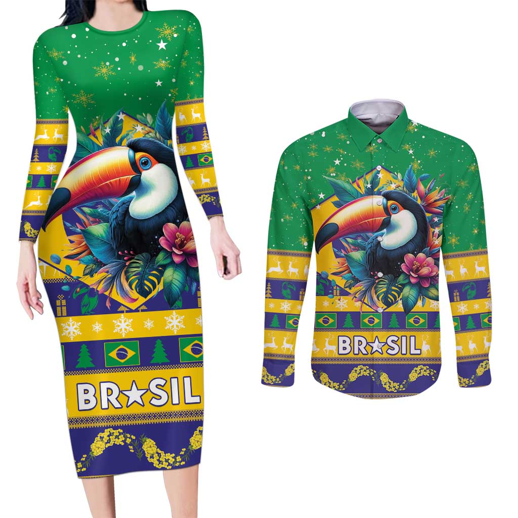 Brazil Christmas Couples Matching Long Sleeve Bodycon Dress and Long Sleeve Button Shirt Toco Toucan Flag Style - Wonder Print Shop