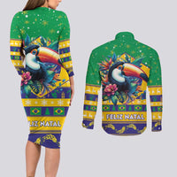 Brazil Christmas Couples Matching Long Sleeve Bodycon Dress and Long Sleeve Button Shirt Toco Toucan Flag Style - Wonder Print Shop
