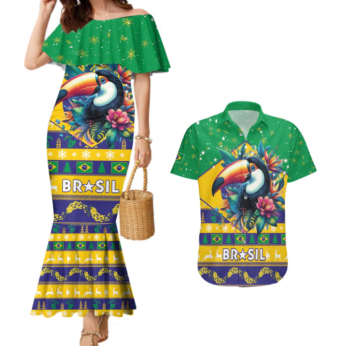 Brazil Christmas Couples Matching Mermaid Dress and Hawaiian Shirt Toco Toucan Flag Style - Wonder Print Shop