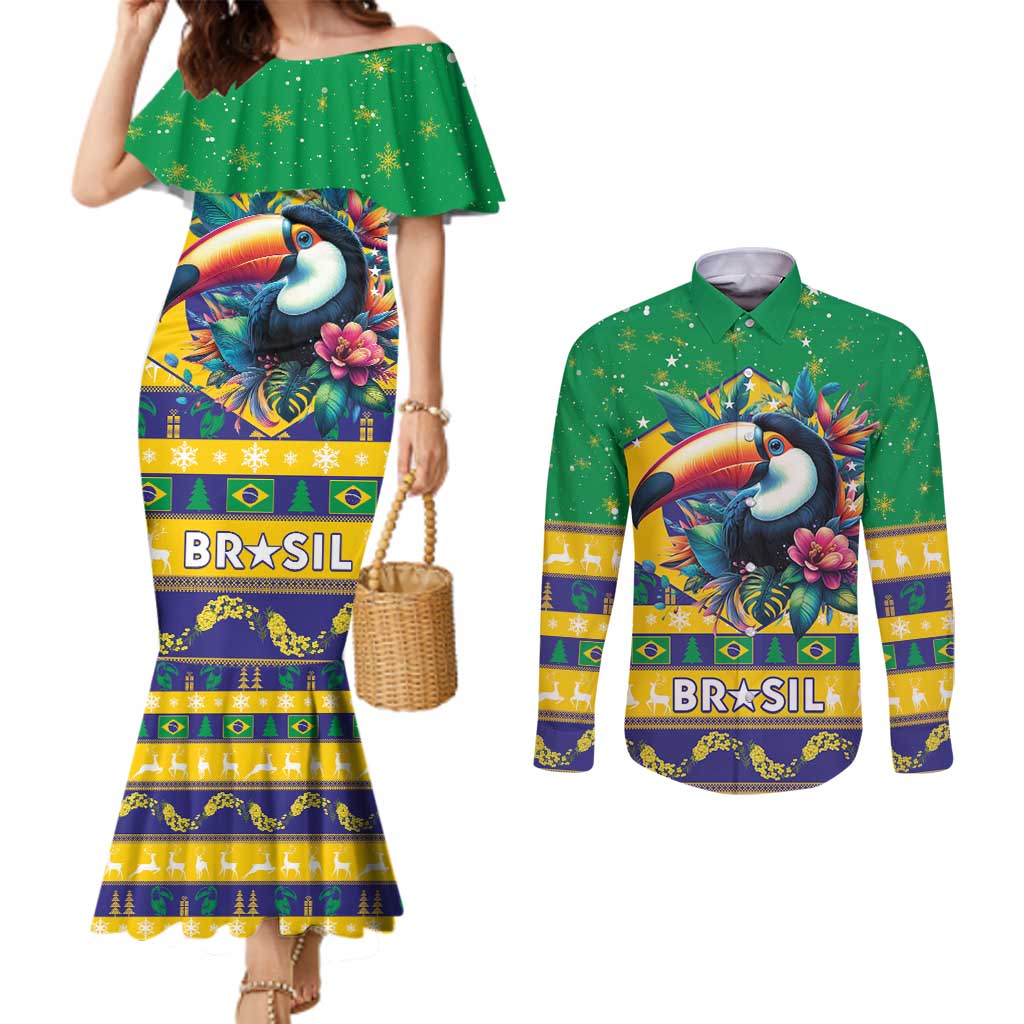 Brazil Christmas Couples Matching Mermaid Dress and Long Sleeve Button Shirt Toco Toucan Flag Style