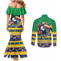 Brazil Christmas Couples Matching Mermaid Dress and Long Sleeve Button Shirt Toco Toucan Flag Style