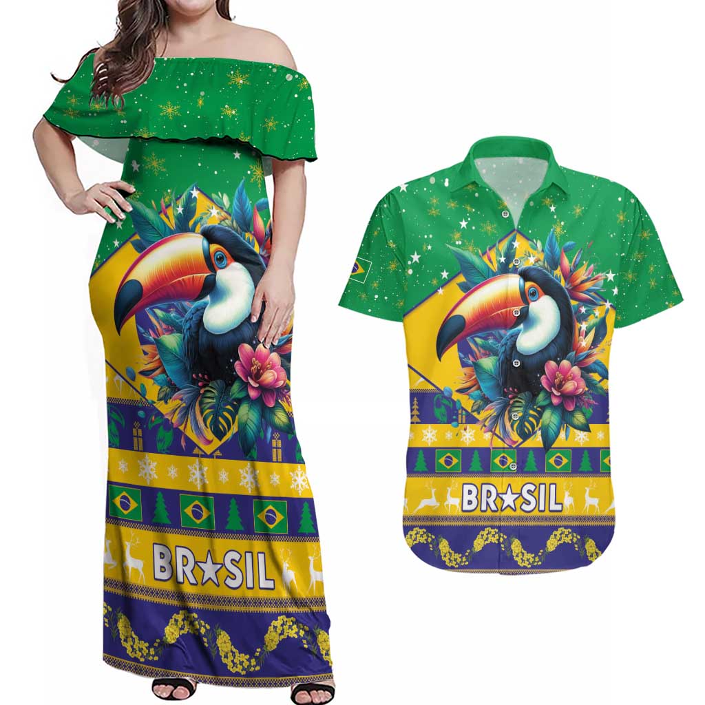 Brazil Christmas Couples Matching Off Shoulder Maxi Dress and Hawaiian Shirt Toco Toucan Flag Style - Wonder Print Shop