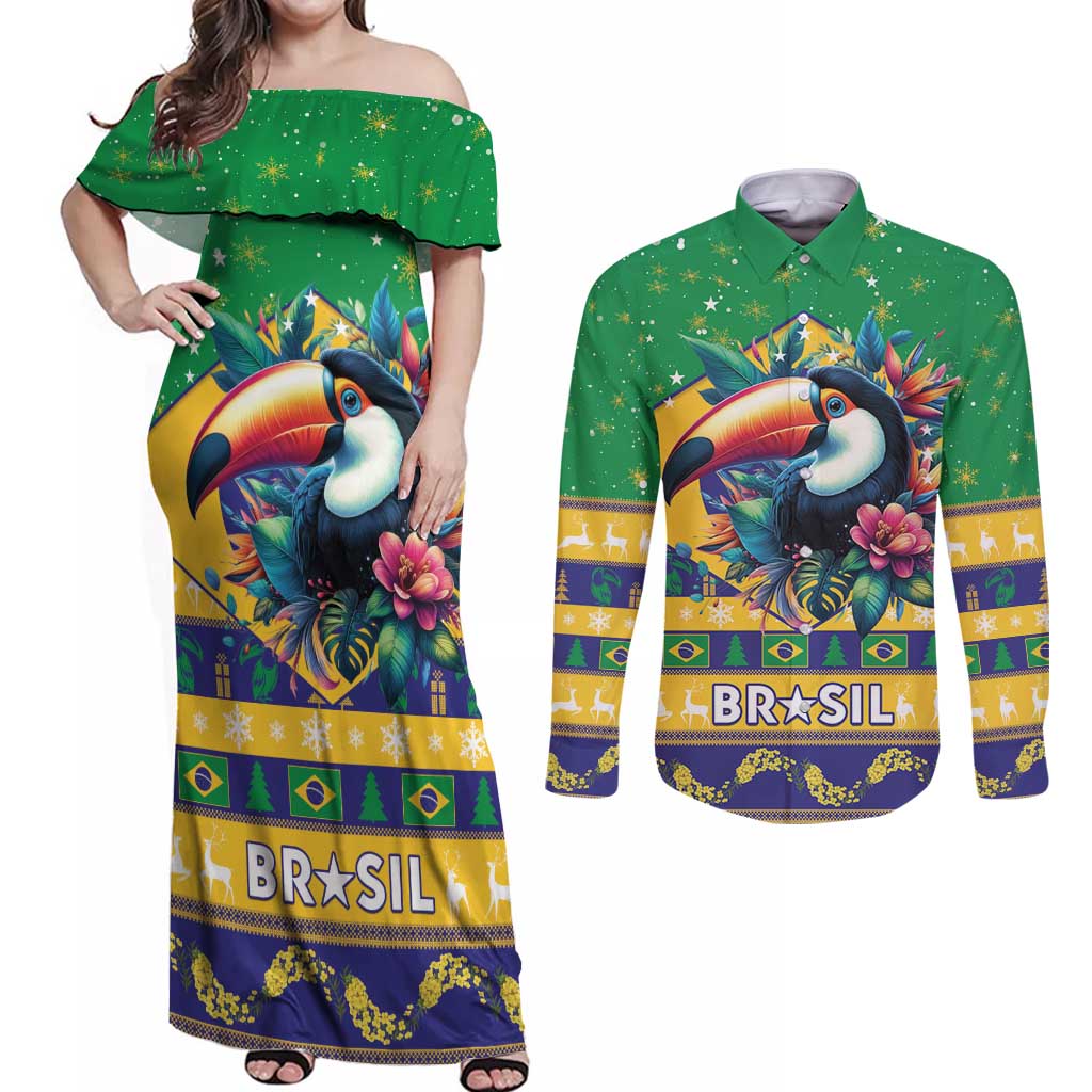 Brazil Christmas Couples Matching Off Shoulder Maxi Dress and Long Sleeve Button Shirt Toco Toucan Flag Style - Wonder Print Shop