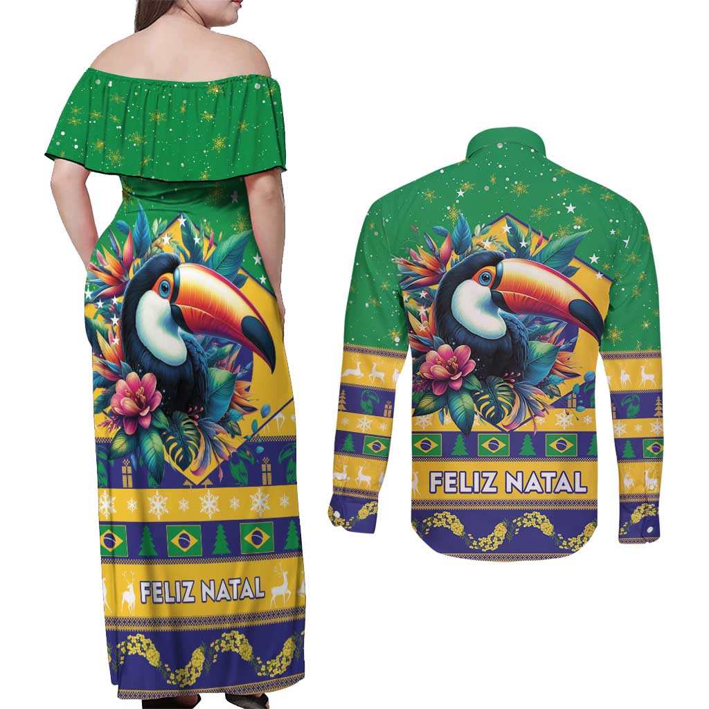 Brazil Christmas Couples Matching Off Shoulder Maxi Dress and Long Sleeve Button Shirt Toco Toucan Flag Style - Wonder Print Shop