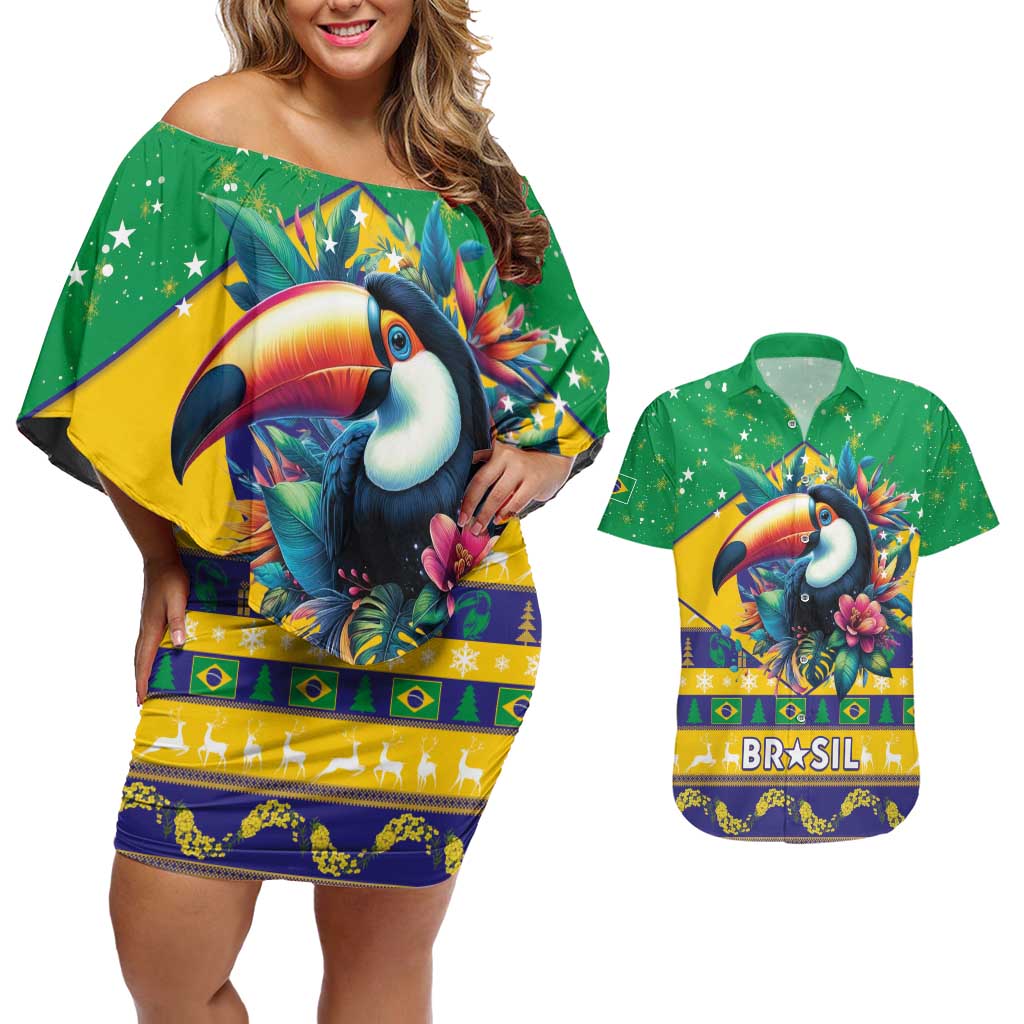 Brazil Christmas Couples Matching Off Shoulder Short Dress and Hawaiian Shirt Toco Toucan Flag Style - Wonder Print Shop