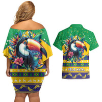 Brazil Christmas Couples Matching Off Shoulder Short Dress and Hawaiian Shirt Toco Toucan Flag Style - Wonder Print Shop