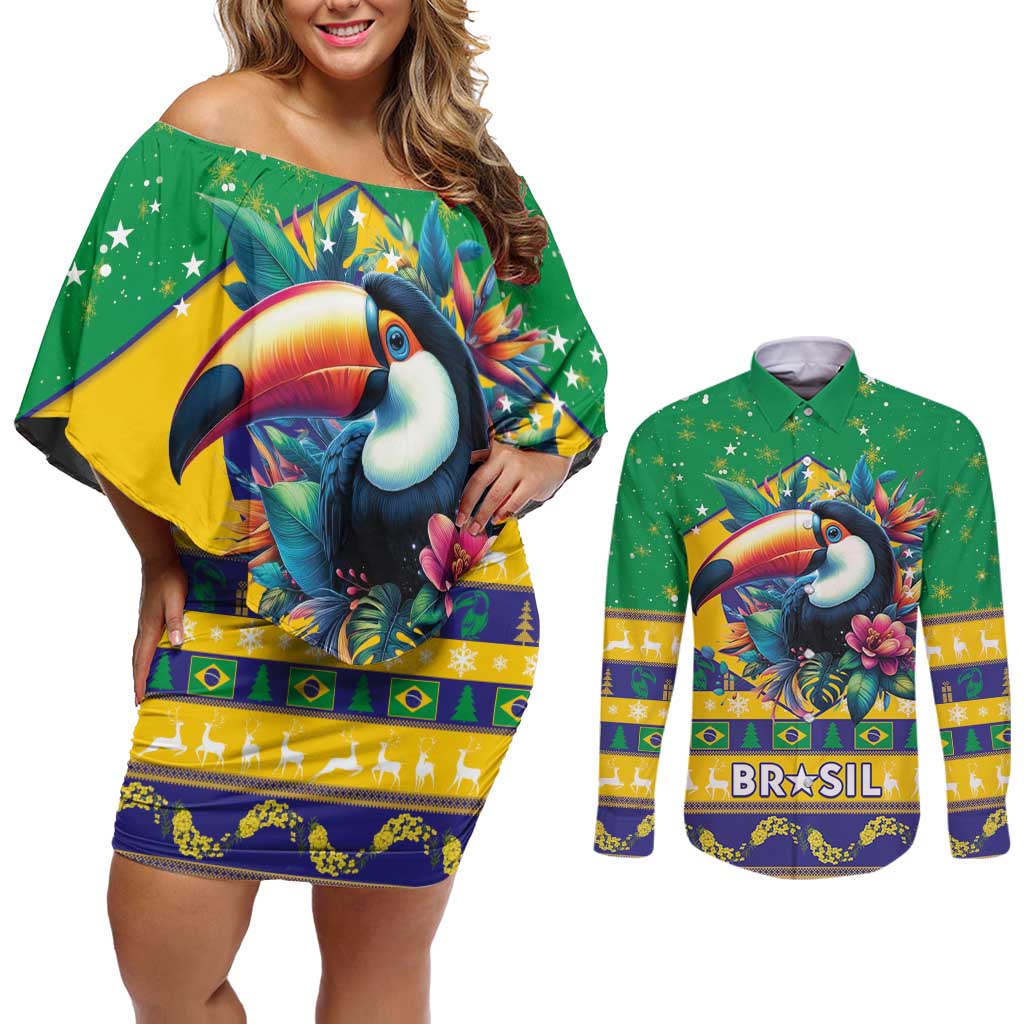 Brazil Christmas Couples Matching Off Shoulder Short Dress and Long Sleeve Button Shirt Toco Toucan Flag Style - Wonder Print Shop