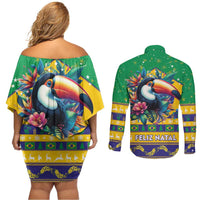 Brazil Christmas Couples Matching Off Shoulder Short Dress and Long Sleeve Button Shirt Toco Toucan Flag Style - Wonder Print Shop