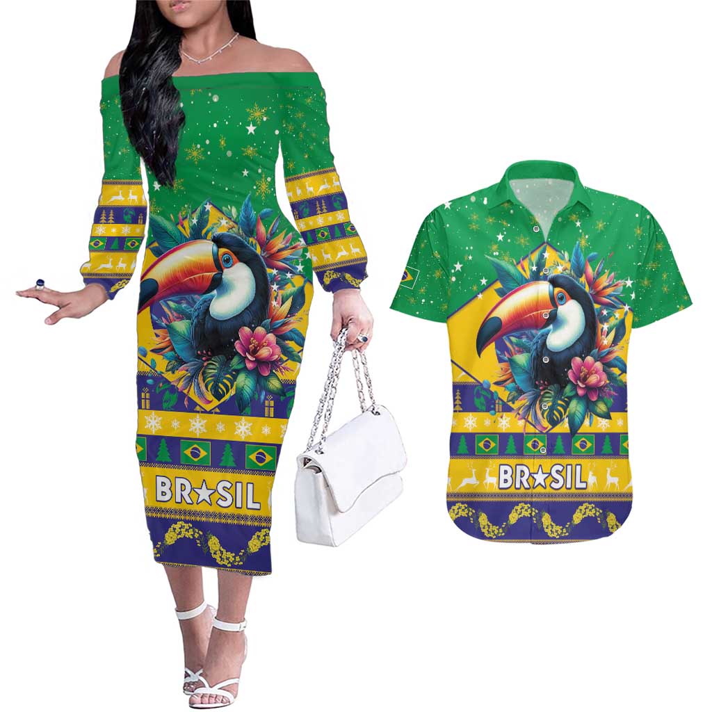 Brazil Christmas Couples Matching Off The Shoulder Long Sleeve Dress and Hawaiian Shirt Toco Toucan Flag Style - Wonder Print Shop