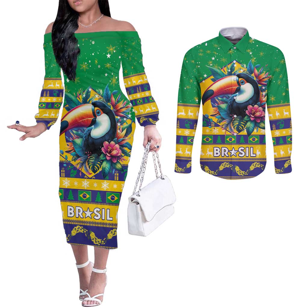 Brazil Christmas Couples Matching Off The Shoulder Long Sleeve Dress and Long Sleeve Button Shirt Toco Toucan Flag Style