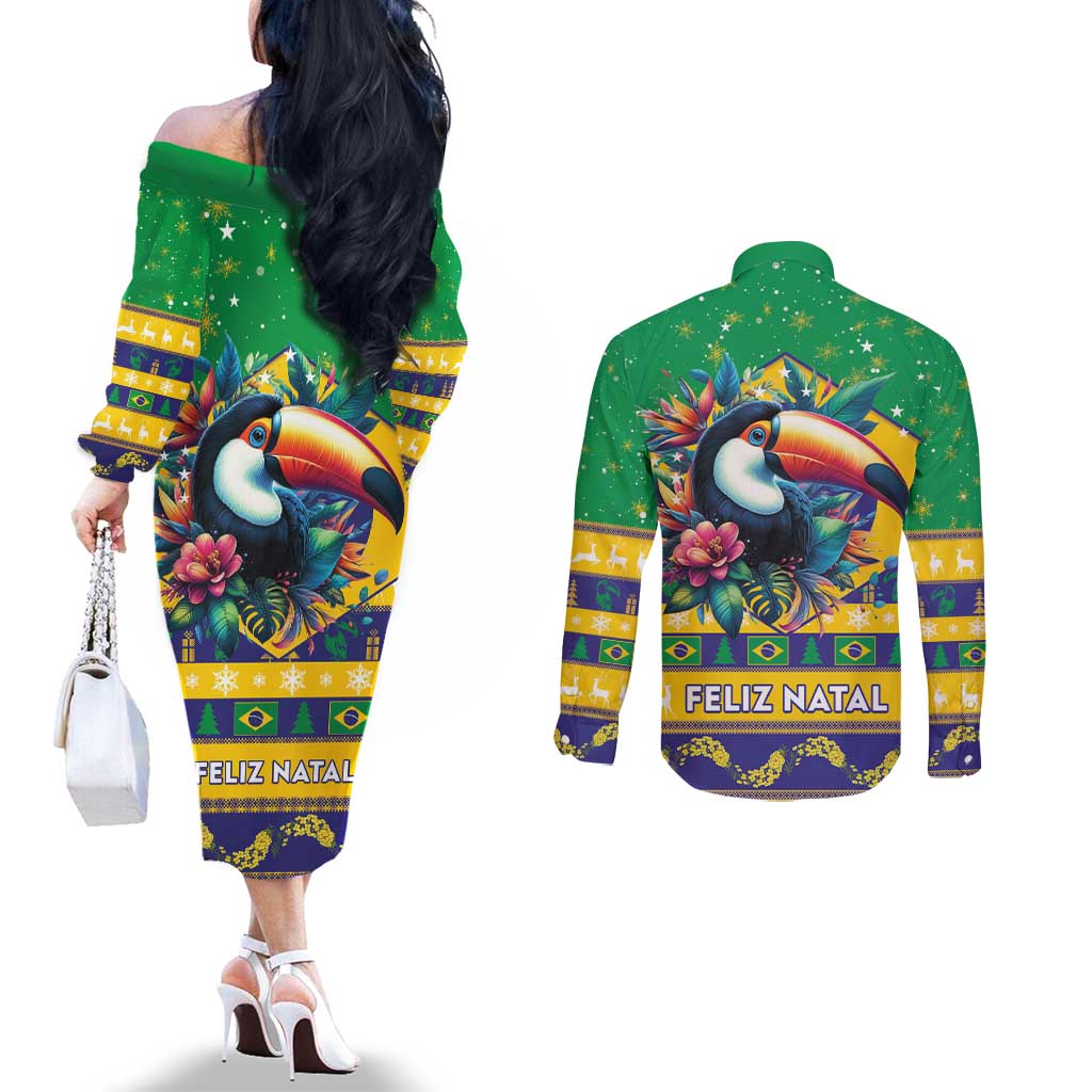 Brazil Christmas Couples Matching Off The Shoulder Long Sleeve Dress and Long Sleeve Button Shirt Toco Toucan Flag Style