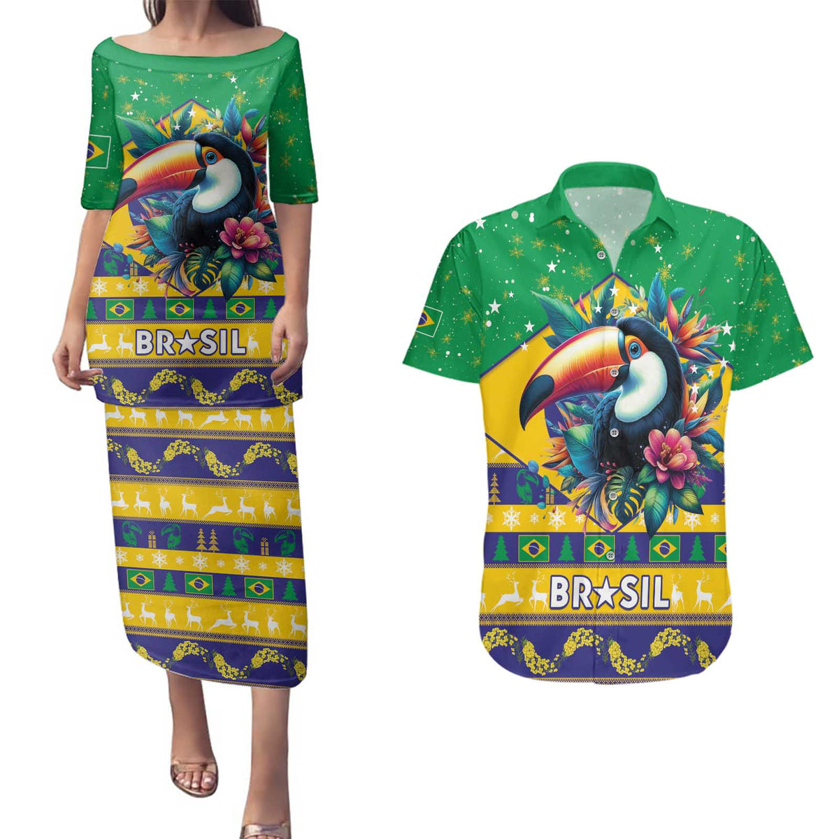 Brazil Christmas Couples Matching Puletasi and Hawaiian Shirt Toco Toucan Flag Style - Wonder Print Shop