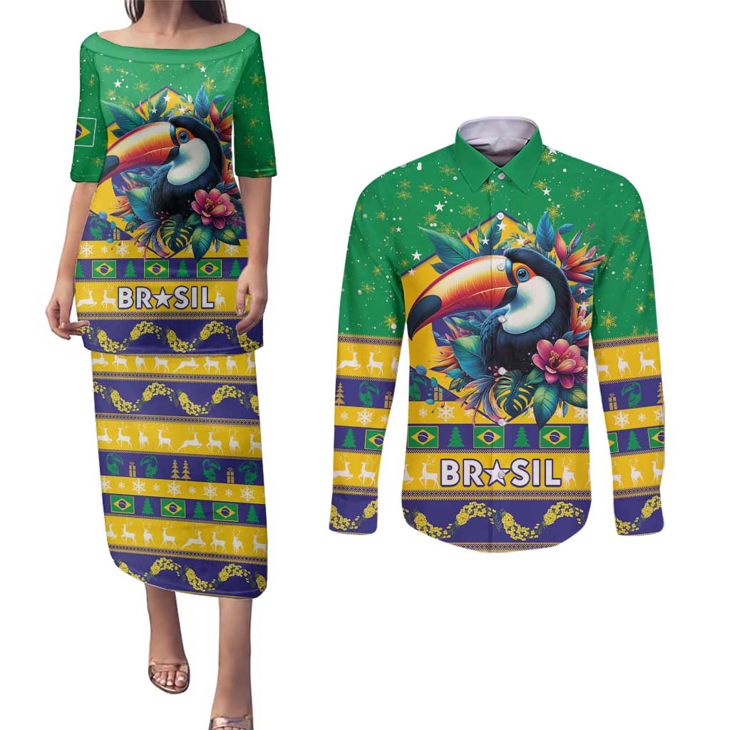 Brazil Christmas Couples Matching Puletasi and Long Sleeve Button Shirt Toco Toucan Flag Style - Wonder Print Shop