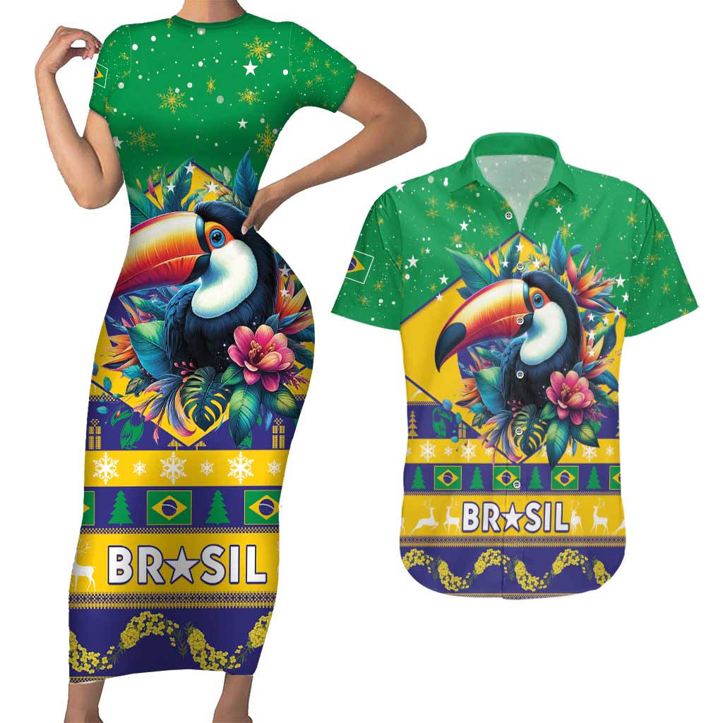 Brazil Christmas Couples Matching Short Sleeve Bodycon Dress and Hawaiian Shirt Toco Toucan Flag Style - Wonder Print Shop