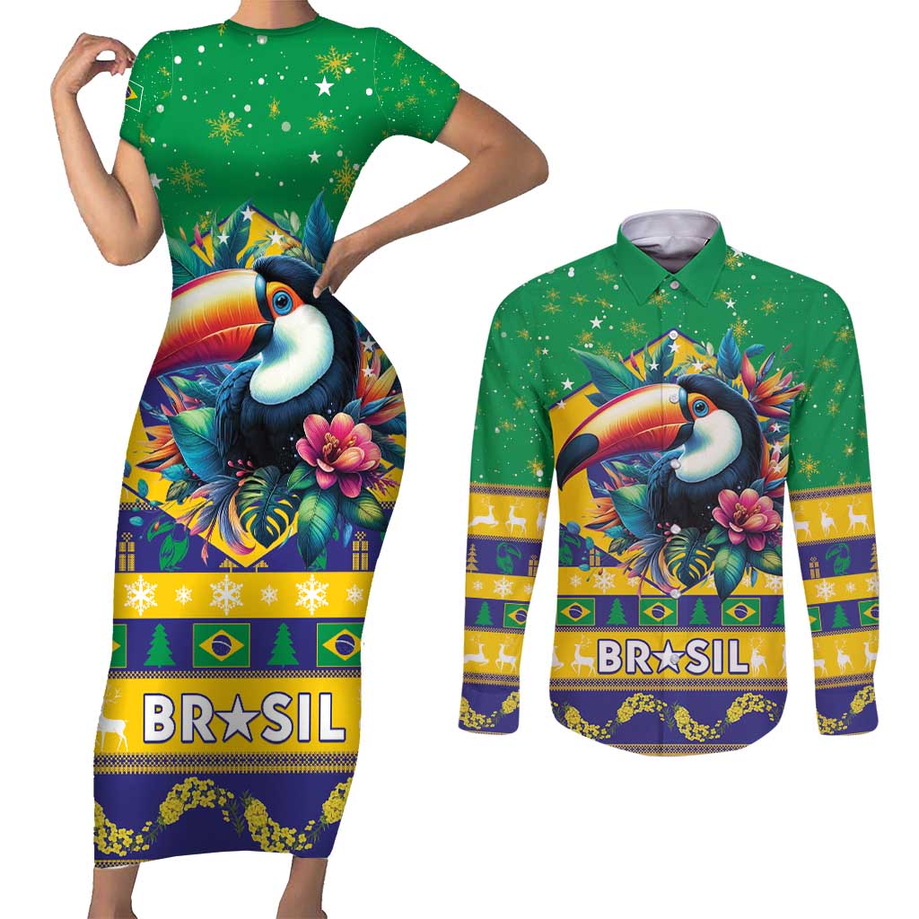 Brazil Christmas Couples Matching Short Sleeve Bodycon Dress and Long Sleeve Button Shirt Toco Toucan Flag Style - Wonder Print Shop