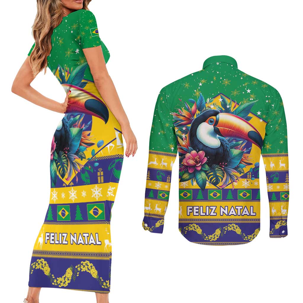 Brazil Christmas Couples Matching Short Sleeve Bodycon Dress and Long Sleeve Button Shirt Toco Toucan Flag Style - Wonder Print Shop