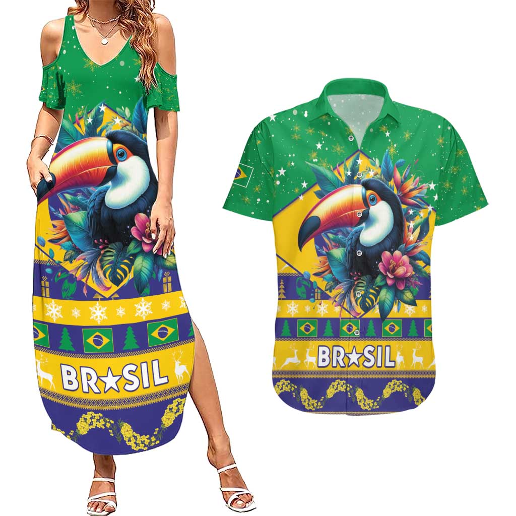 Brazil Christmas Couples Matching Summer Maxi Dress and Hawaiian Shirt Toco Toucan Flag Style - Wonder Print Shop