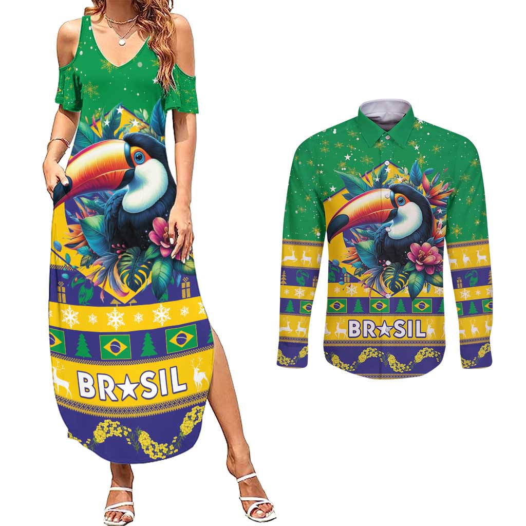 Brazil Christmas Couples Matching Summer Maxi Dress and Long Sleeve Button Shirt Toco Toucan Flag Style - Wonder Print Shop