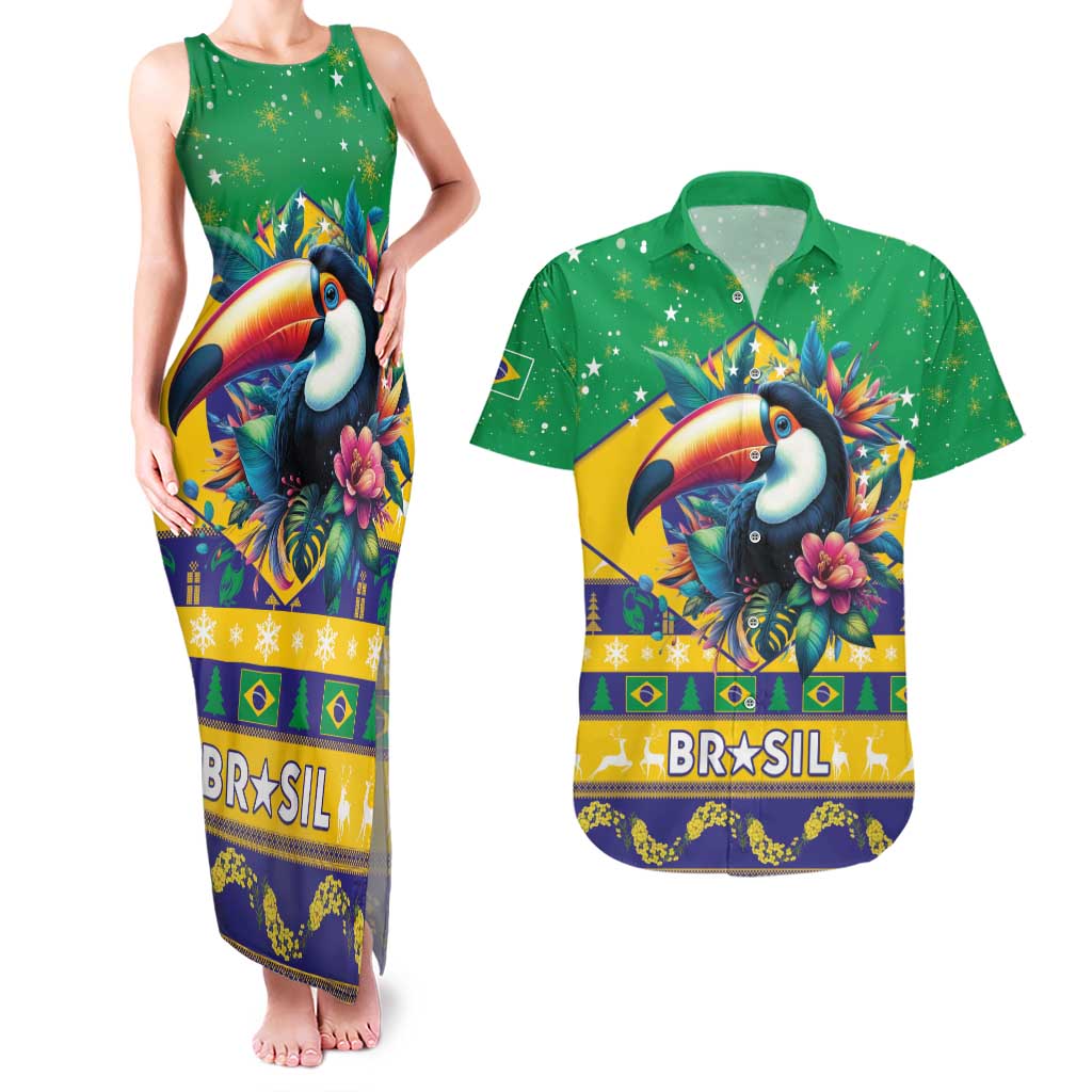 Brazil Christmas Couples Matching Tank Maxi Dress and Hawaiian Shirt Toco Toucan Flag Style - Wonder Print Shop