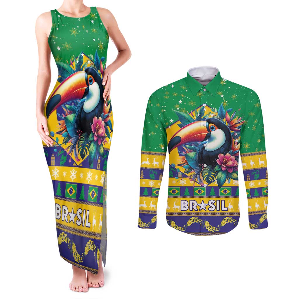 Brazil Christmas Couples Matching Tank Maxi Dress and Long Sleeve Button Shirt Toco Toucan Flag Style - Wonder Print Shop