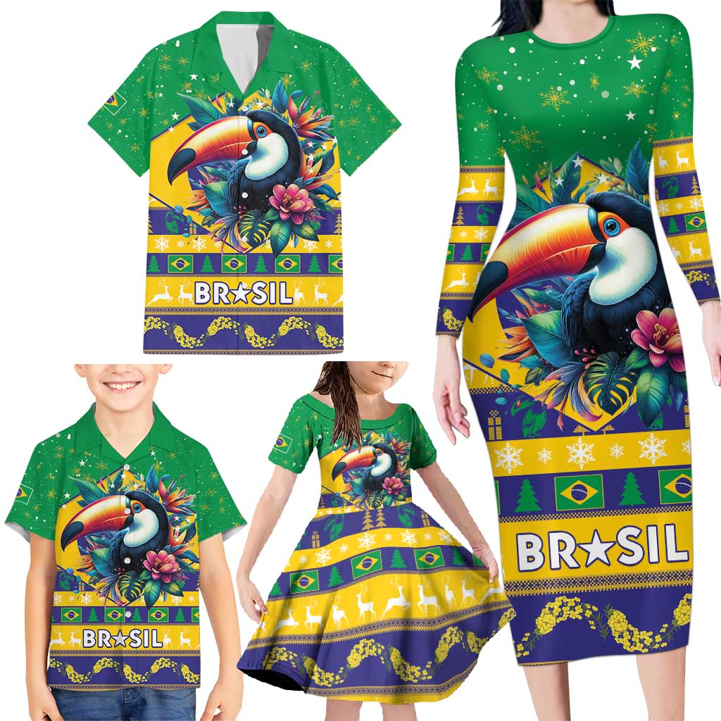 Brazil Christmas Family Matching Long Sleeve Bodycon Dress and Hawaiian Shirt Toco Toucan Flag Style - Wonder Print Shop
