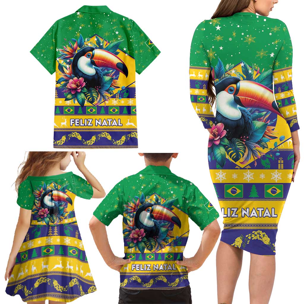 Brazil Christmas Family Matching Long Sleeve Bodycon Dress and Hawaiian Shirt Toco Toucan Flag Style - Wonder Print Shop