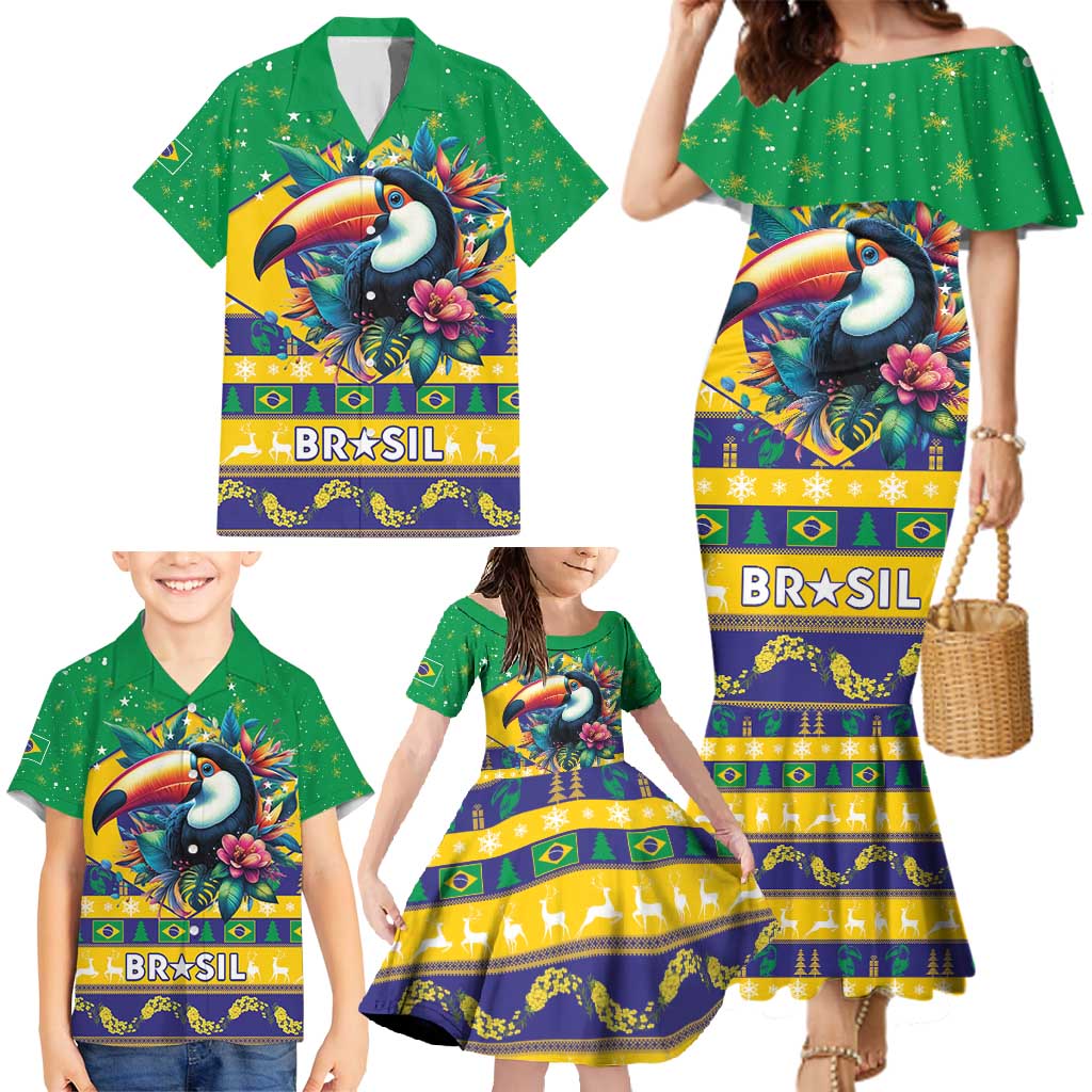 Brazil Christmas Family Matching Mermaid Dress and Hawaiian Shirt Toco Toucan Flag Style - Wonder Print Shop