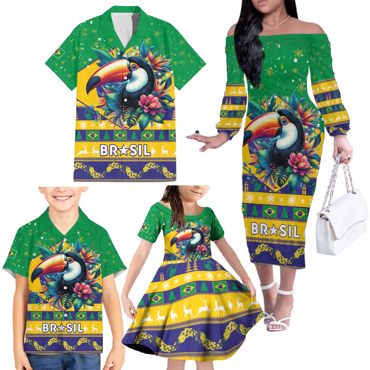 Brazil Christmas Family Matching Off The Shoulder Long Sleeve Dress and Hawaiian Shirt Toco Toucan Flag Style - Wonder Print Shop