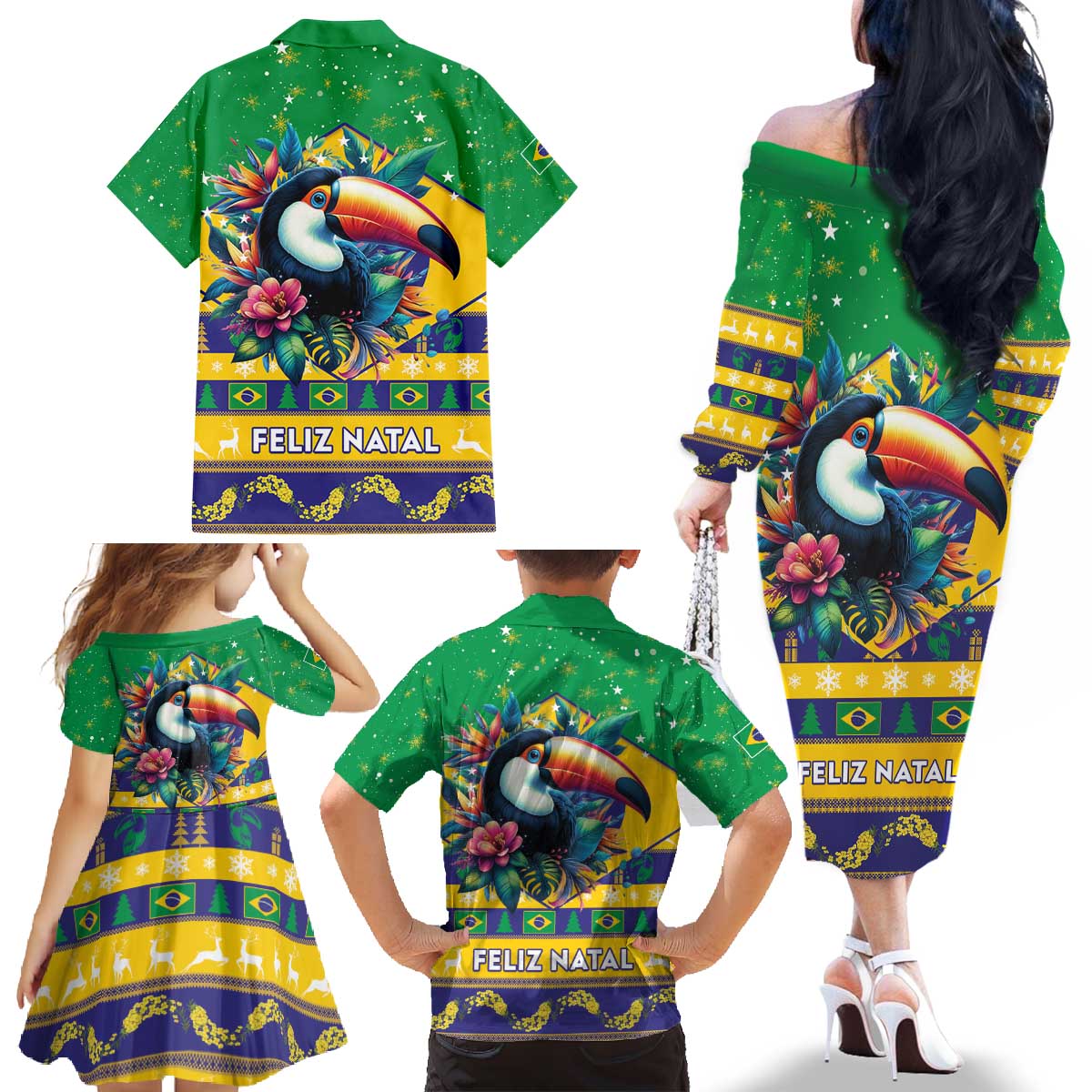 Brazil Christmas Family Matching Off The Shoulder Long Sleeve Dress and Hawaiian Shirt Toco Toucan Flag Style - Wonder Print Shop