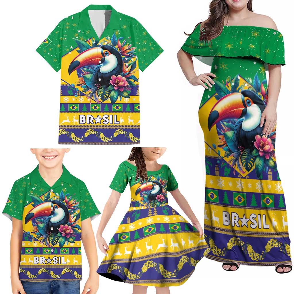 Brazil Christmas Family Matching Off Shoulder Maxi Dress and Hawaiian Shirt Toco Toucan Flag Style - Wonder Print Shop