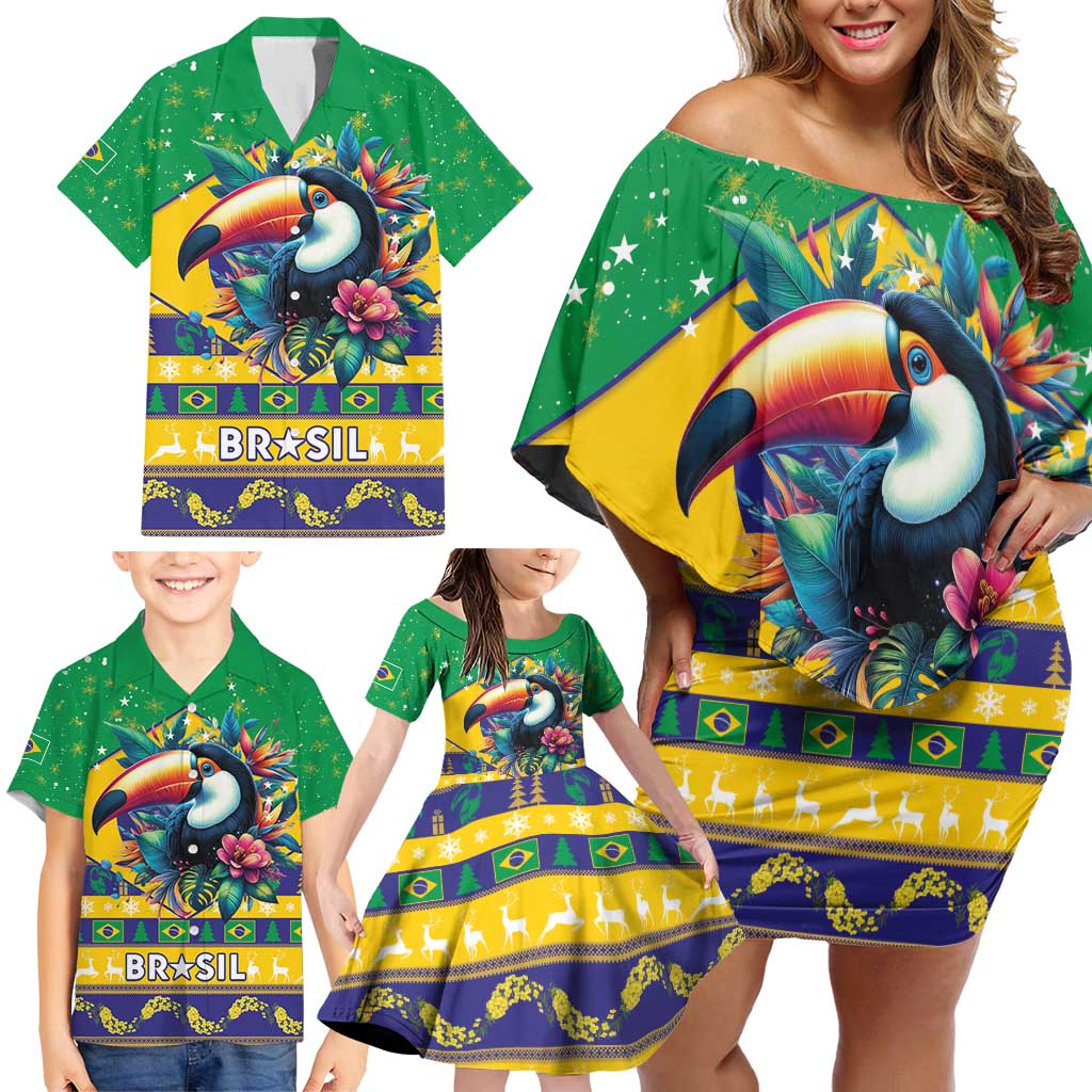 Brazil Christmas Family Matching Off Shoulder Short Dress and Hawaiian Shirt Toco Toucan Flag Style - Wonder Print Shop