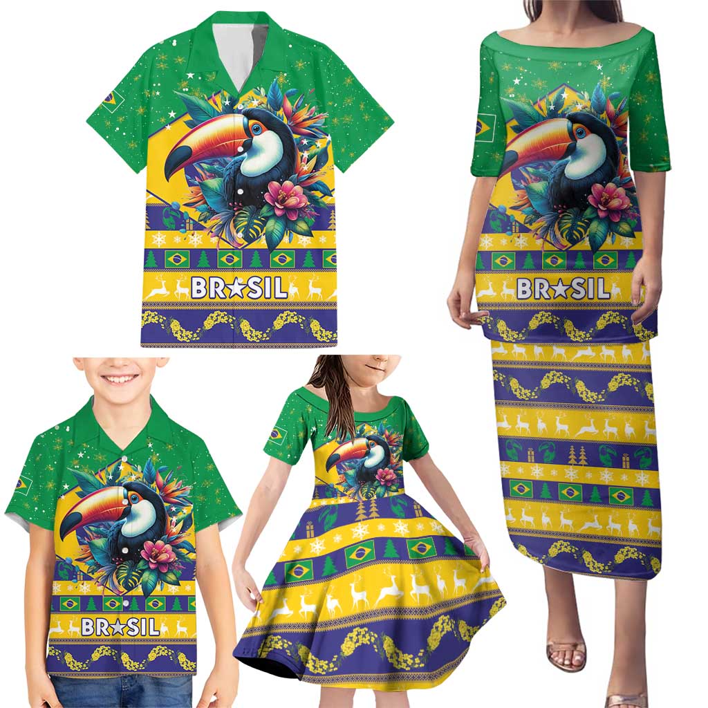 Brazil Christmas Family Matching Puletasi and Hawaiian Shirt Toco Toucan Flag Style - Wonder Print Shop
